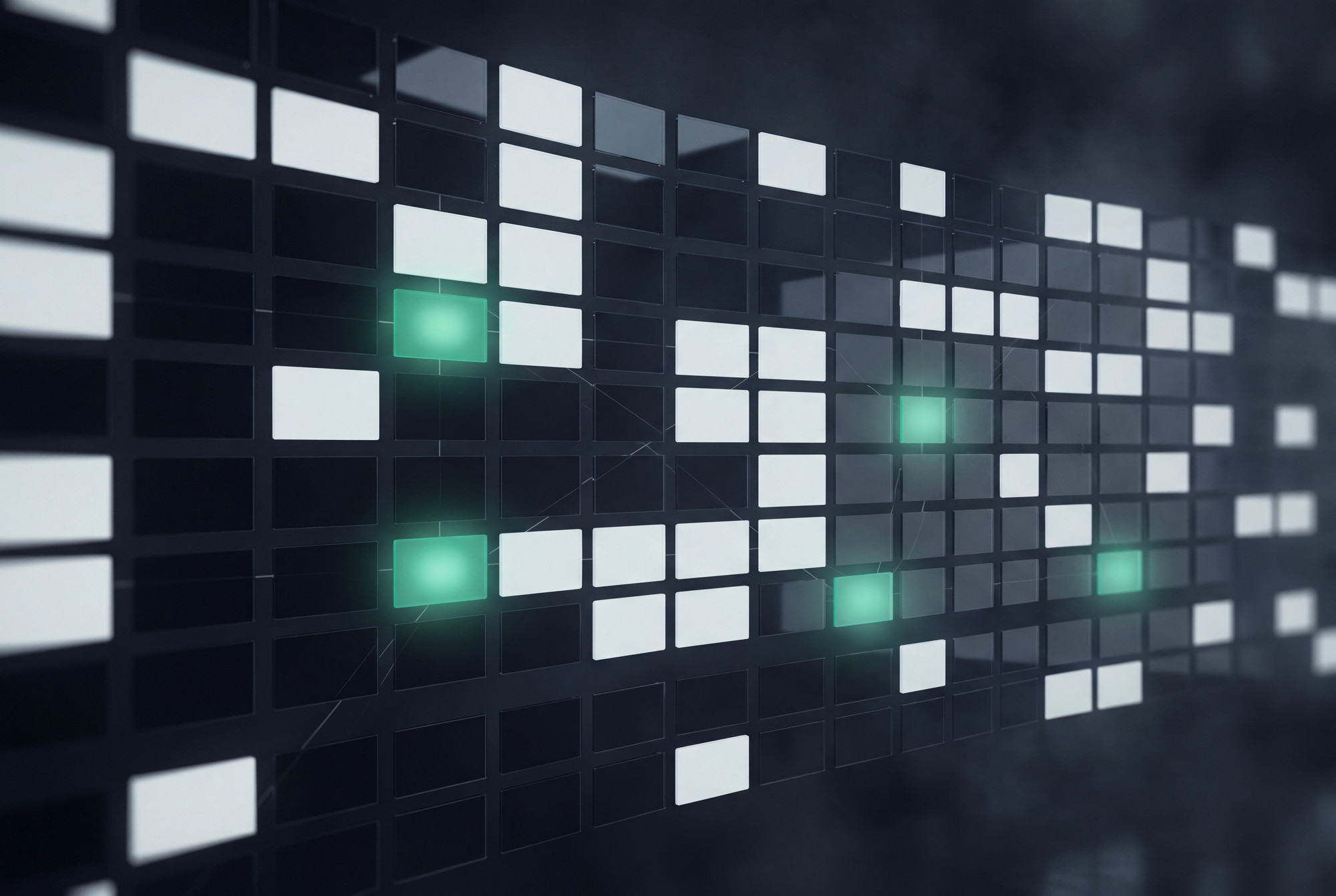 Abstract render: a wall of dim glass panels with a handful lit emerald