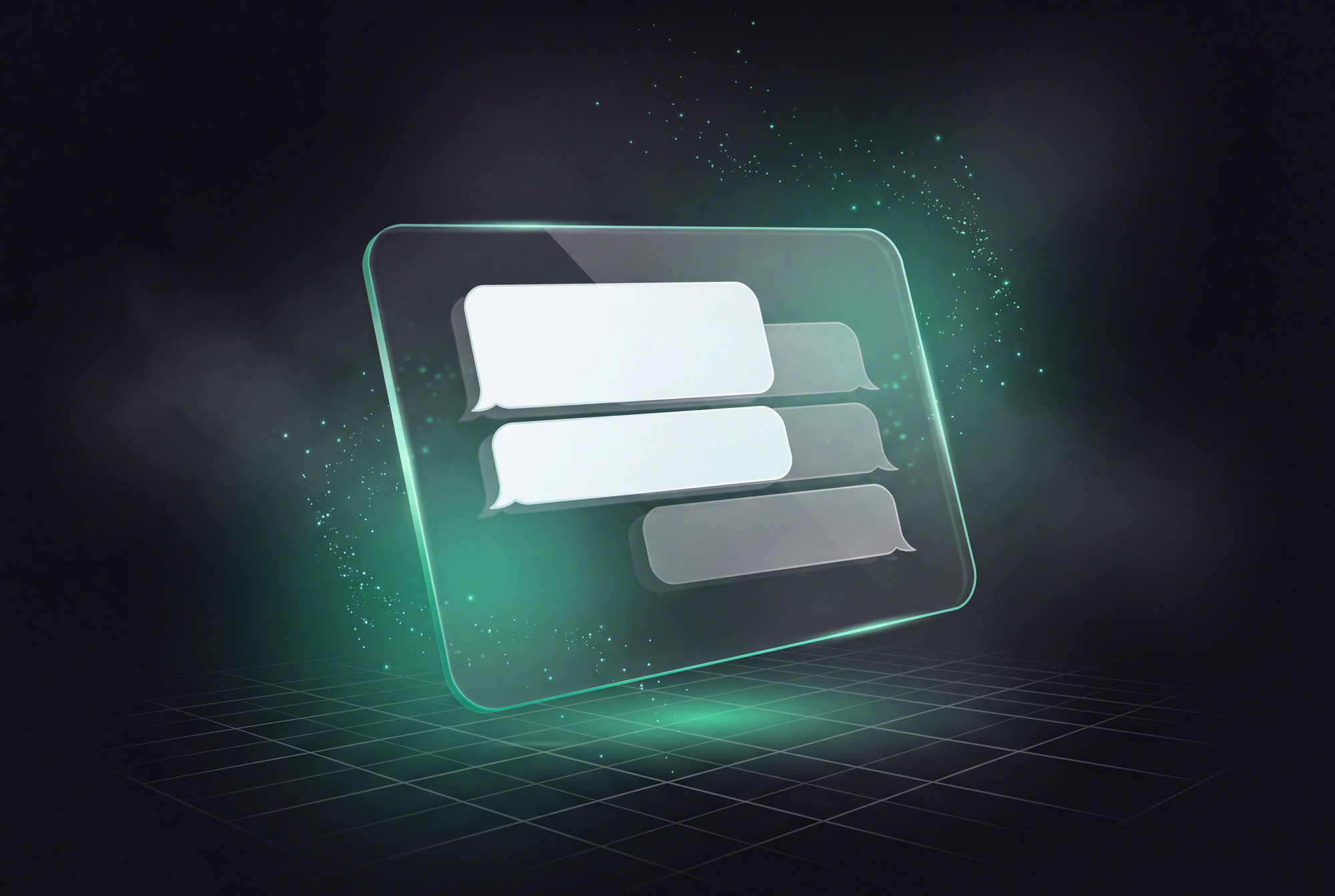 Abstract render: one lit message bubble floating above a grid of dim ones
